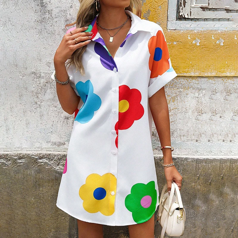 Novo verão senhoras elegante vestido temperamento azul e branco porcelana impressão camisa casual saia manga curta na altura do joelho vestido