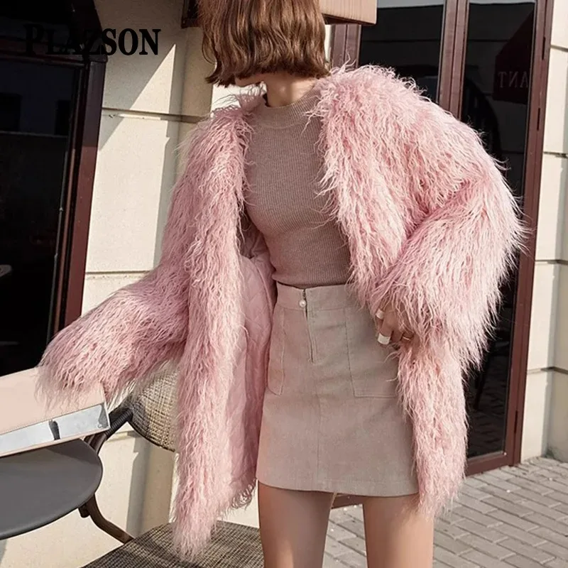 2023 V Neck Fluffy Pink Green Faux Fur Jacket Winter Oversize Long Faux Sheep Fur Coat Women Office Streetwear Fur Cozy Coats