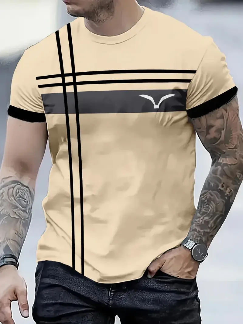 Outdoor Men's T-shirt Summer Round Neck Short Sleeve Top Stripe Print Street Loose T-Shirt Male Oversized Clothing image 5