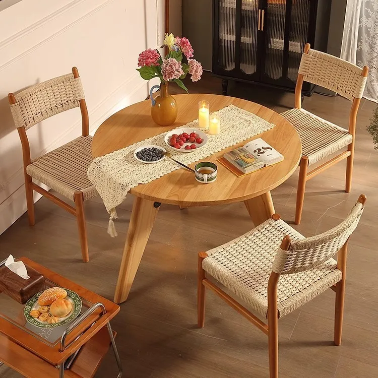 Nordic log dining  simple handmade rope back  home study bedroom solid wood  dining room wheat field