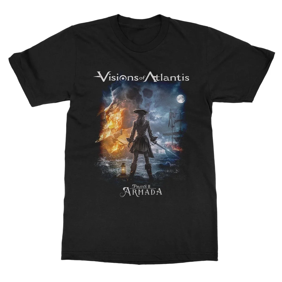 Visions of Atlantis Graphic T Shirt, Front Pirates II Armada Moon Sea Female Pirate Burning Warship Epic Art Print T Shirt