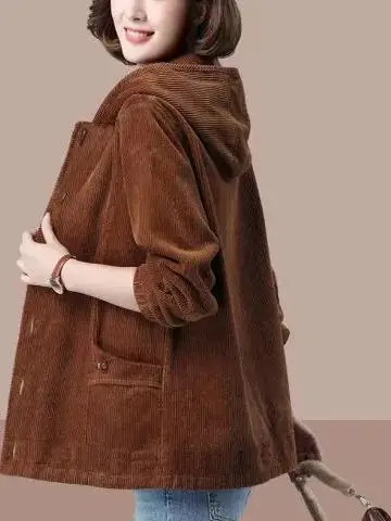 Autumn Winter Light Corduroy Jacket Women's Loose Fit Slimming Middle-Aged Mom Casual Style Long Sleeve Hat Design Coat