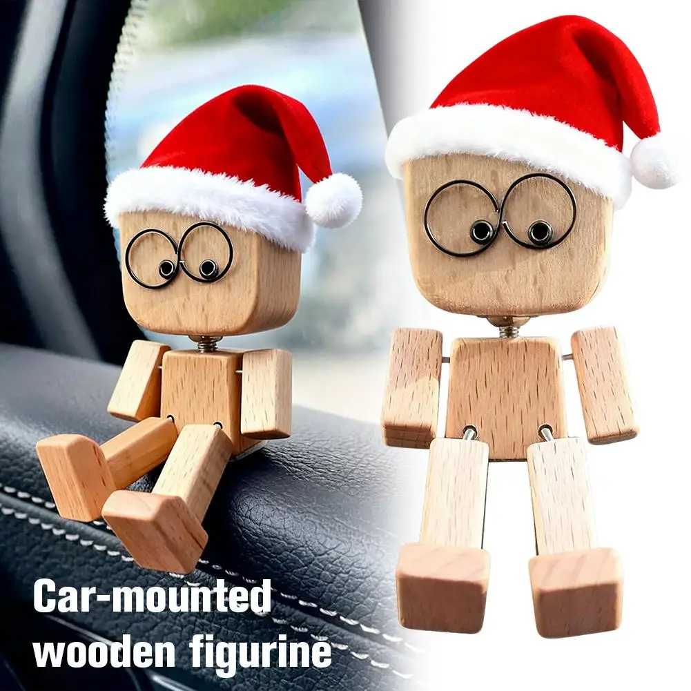 

Christmas Hat Shaking Wooden Man Figurine Man Tabletop Decor Creative Statue For Car Dashboard Shelf Display Christmas Gift J5W1