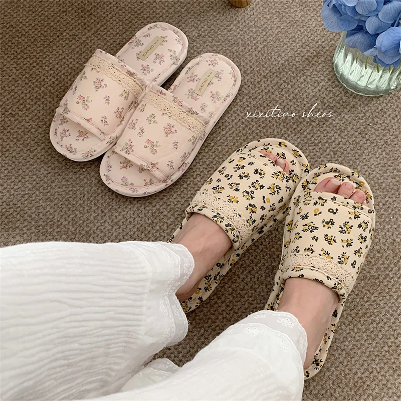 XIXITIAO Ladis Floral Indoor Slippers Soft Comfortable Casual Home Anti Slip Flat Shoes For Women Ruffles Hollow Design Footwear