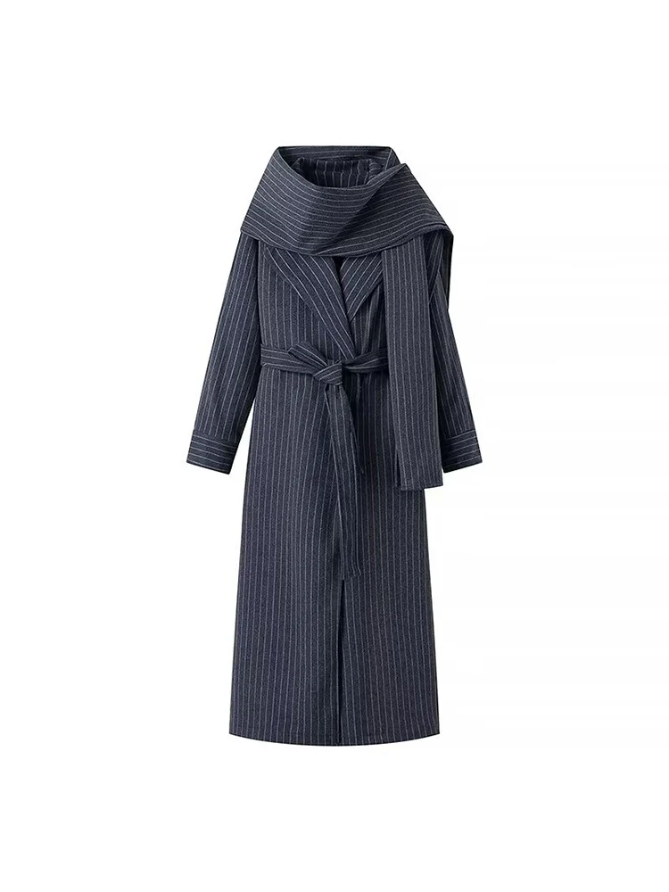 

European style new women's fashion versatile and elegant belted striped mid-length trench coat with scarf.
