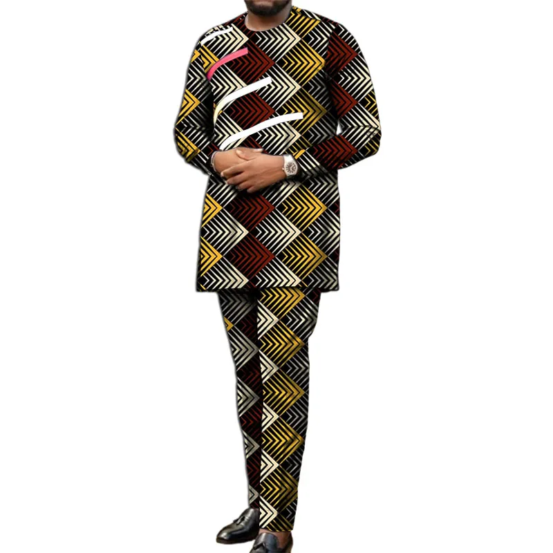 Long Sleeves African Clothes Men Set Nigerian Style Colorful Stripe Patchwork Tops With Pant Groom Suit Male Traditional Outfit