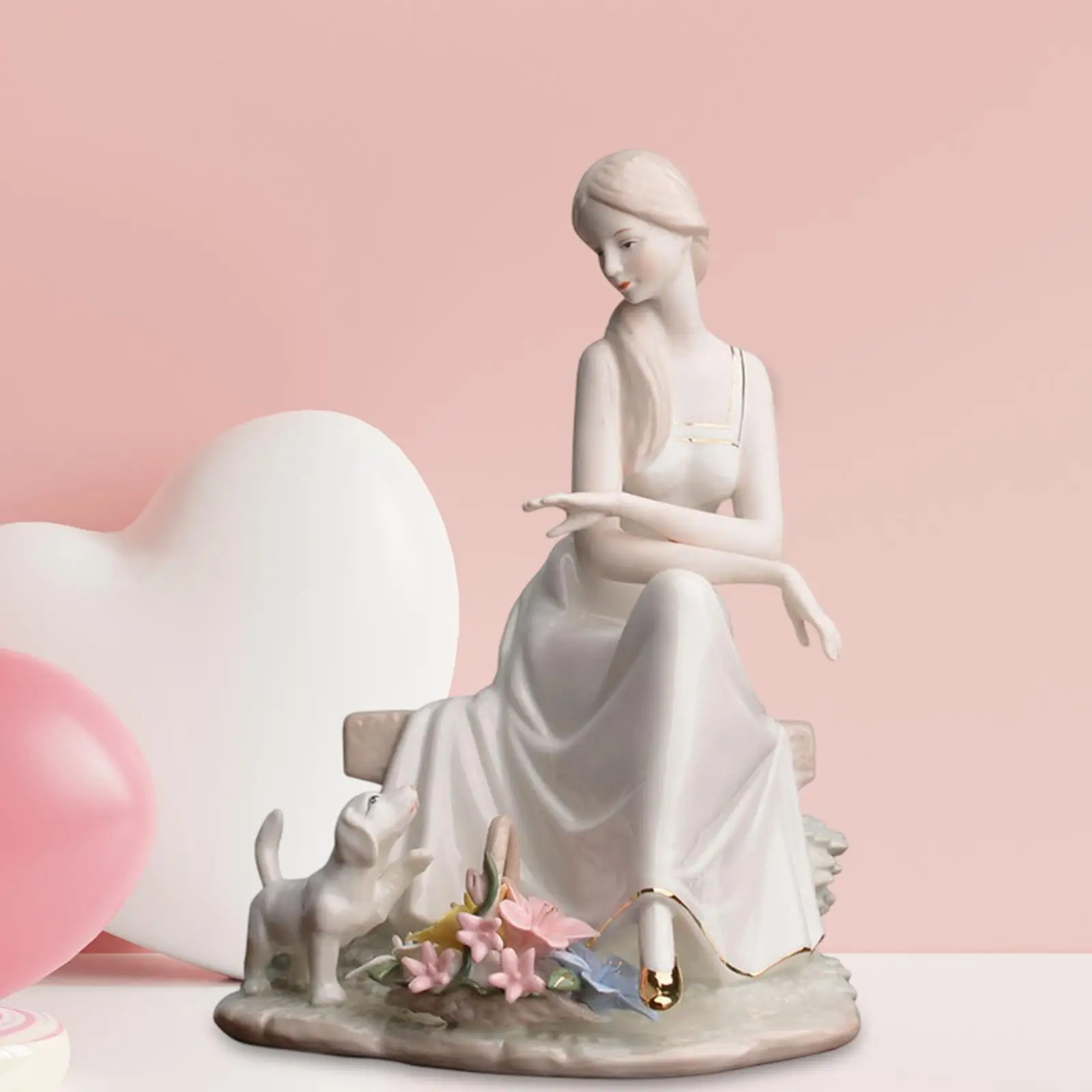 Pottery Girl Figurine Lady Porcelain with Pet Elegant Cute Art Ware Figure Art Sculpture Ornament for Bedroom Party Favors