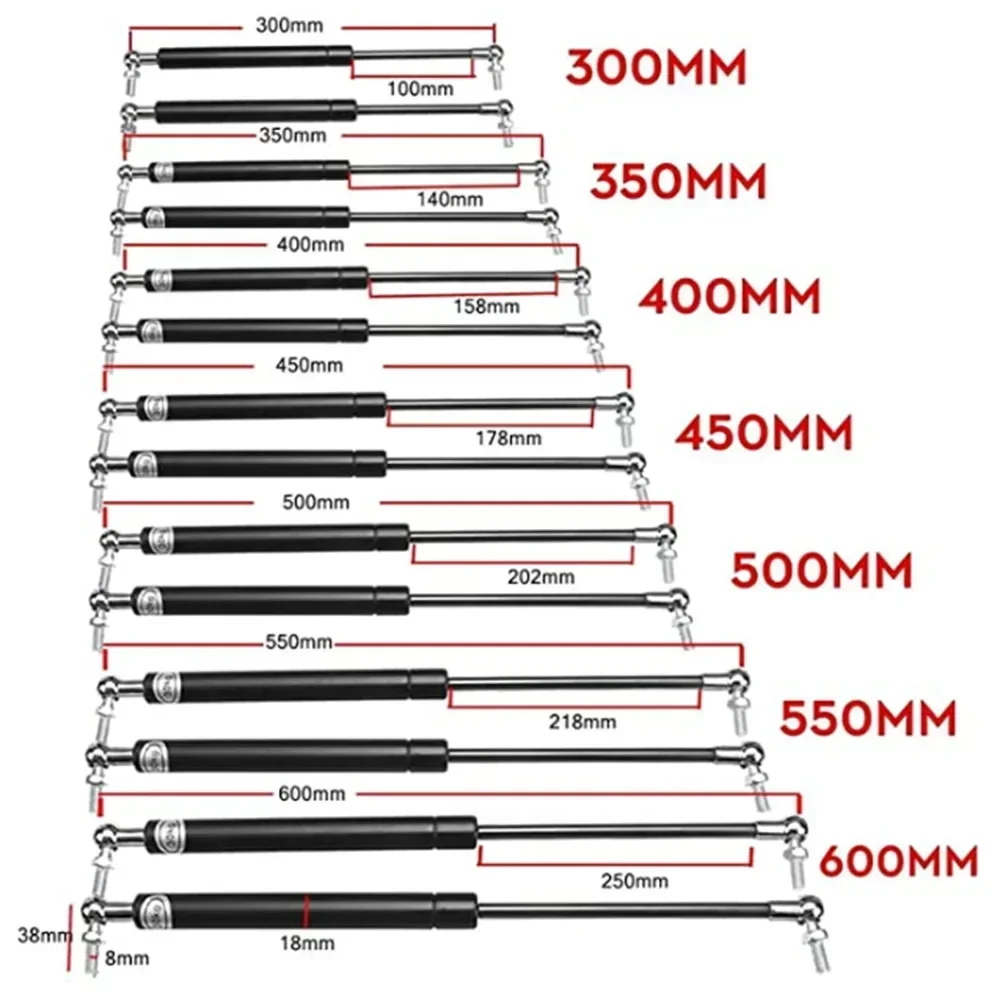 Qty(2) 300-600mm 300N Universal Lift Support Front Bonnet Hood Rear Trunk Tailgate Boot Shock Lift Strut Support Bar Gas Spring