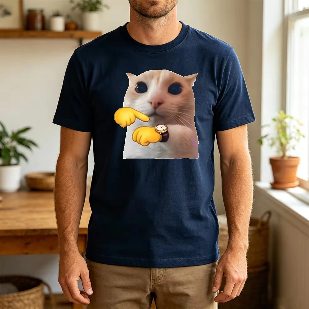 Cute White Cat Pointing Finger With Watch Funny Meme Graphic T Shirt Men Teen Streetwear Hip Hop Summer Short Sleeve Tee
