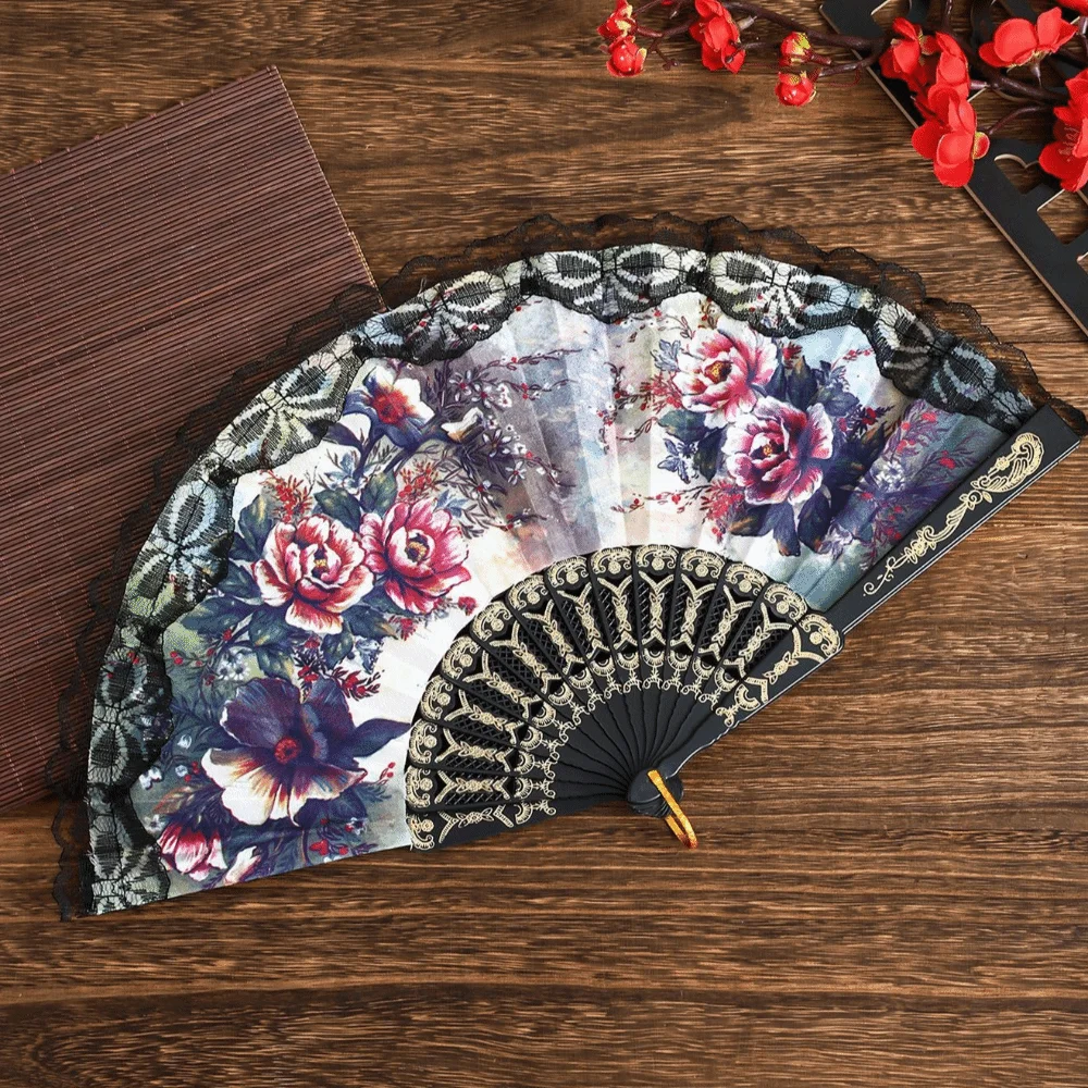 Elegant Plastic Ribs Spanish Folding Fan Black Floral Printed Cloth Dance Prop Fan Lace Trim Edge Handheld Fan Gift