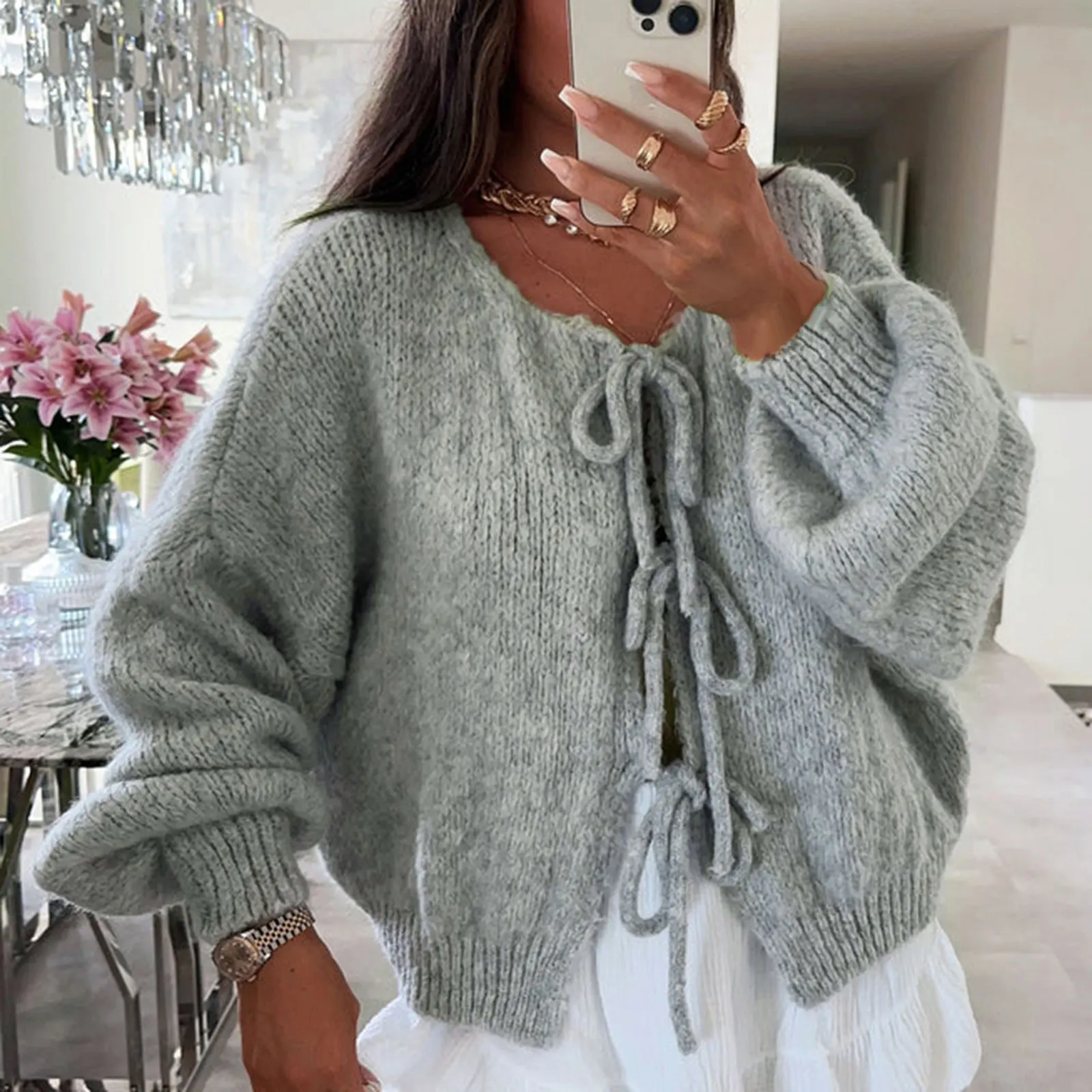 Women\'s Y2K Aesthetic Fall Tie Front Sweater Solid Color V-Neck Long Sleeve Loose Knitwear Cardigan