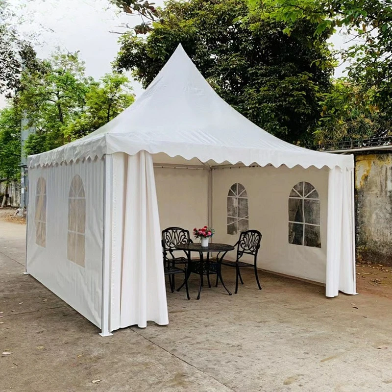 

Outdoor European spire shed white ceiling cone top car show party four pillars