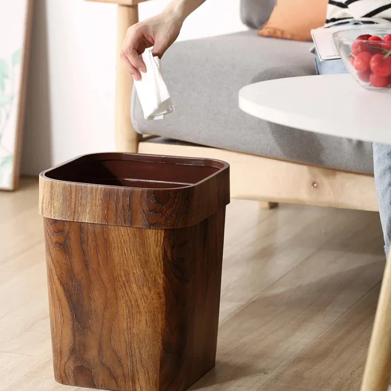 Vintage Wooden Trash Can Small Wastebasket Retro Square Bin Plastic Paper Basket for Kitchen and Bathroom