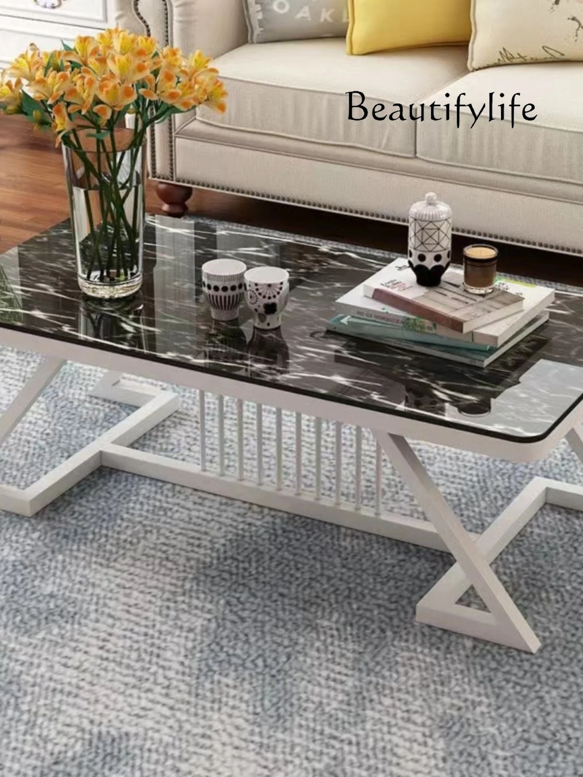 Simple Modern Marble Texture Tempered Glass Small Apartment Living Room Creative Personality Tea Table