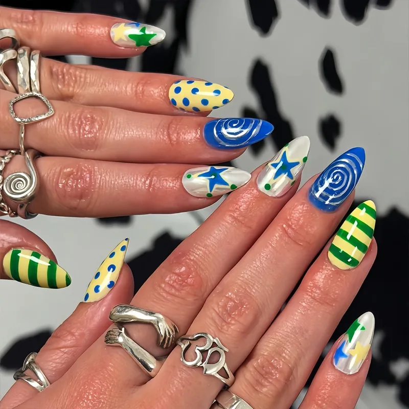 

24PCS Metallic Silver Swirl Sweet Cool Almond Press on Nails Blue Polka Dots Star False Nails Yellow Green Stripes Y2k Nail Tips