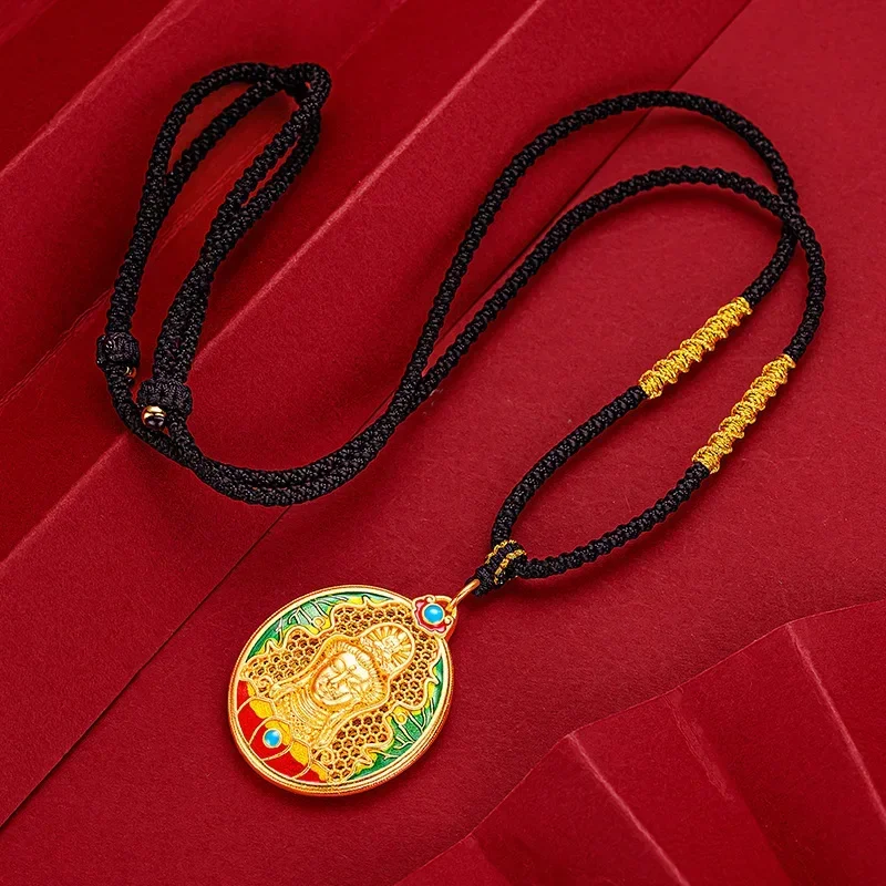 9999 Real Gold 24K Ancient Method Burnt Blue Guanyin Pendant, Enamel Color Male and Female Natal Buddha Pendant Necklace