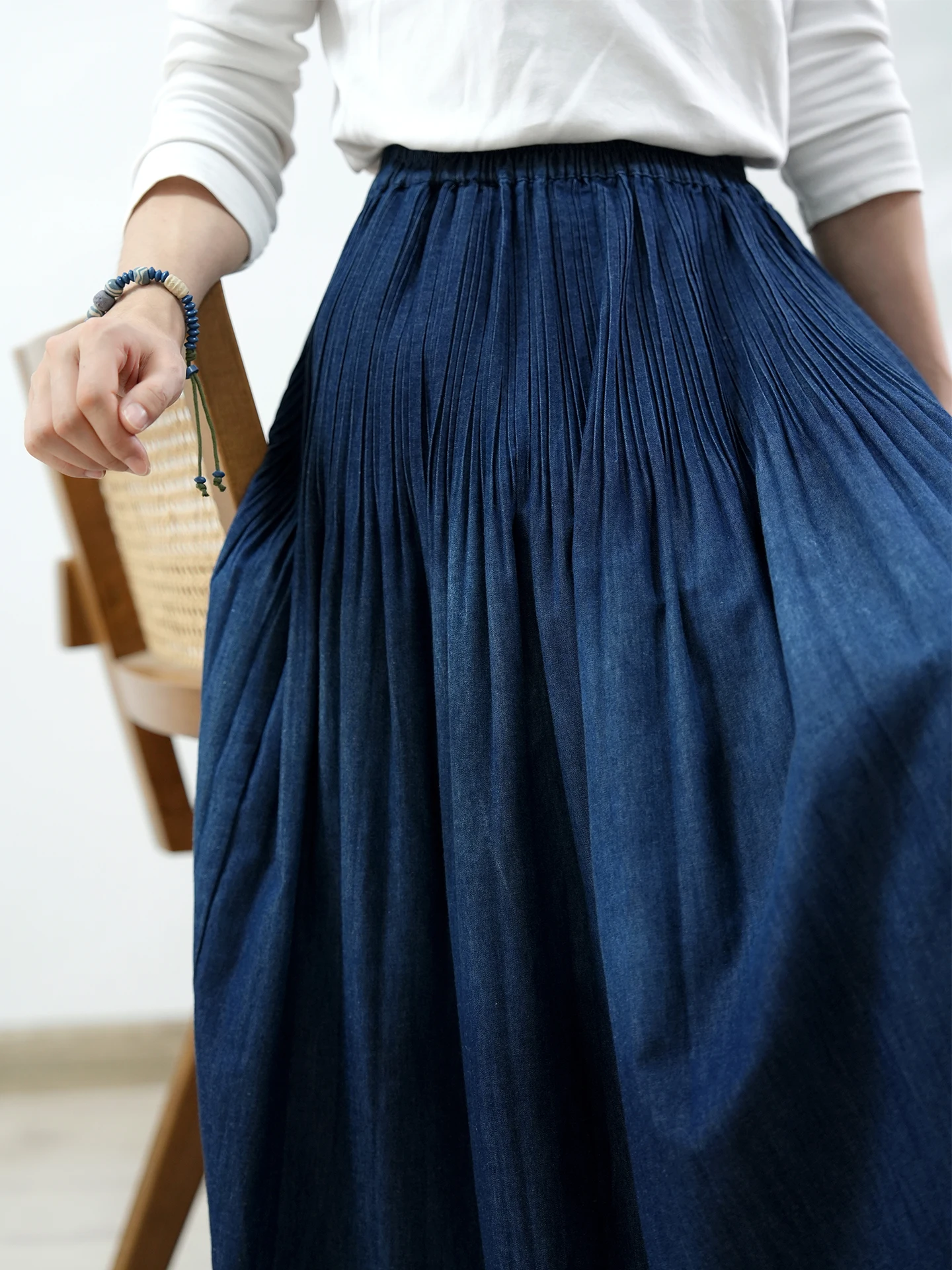 TIYIHAILEY faldas largas largas con cintura elástica para mujer, faldas vaqueras de otoño y verano para mujer, bolsillos plisados de Color sólido, Vintage azul profundo