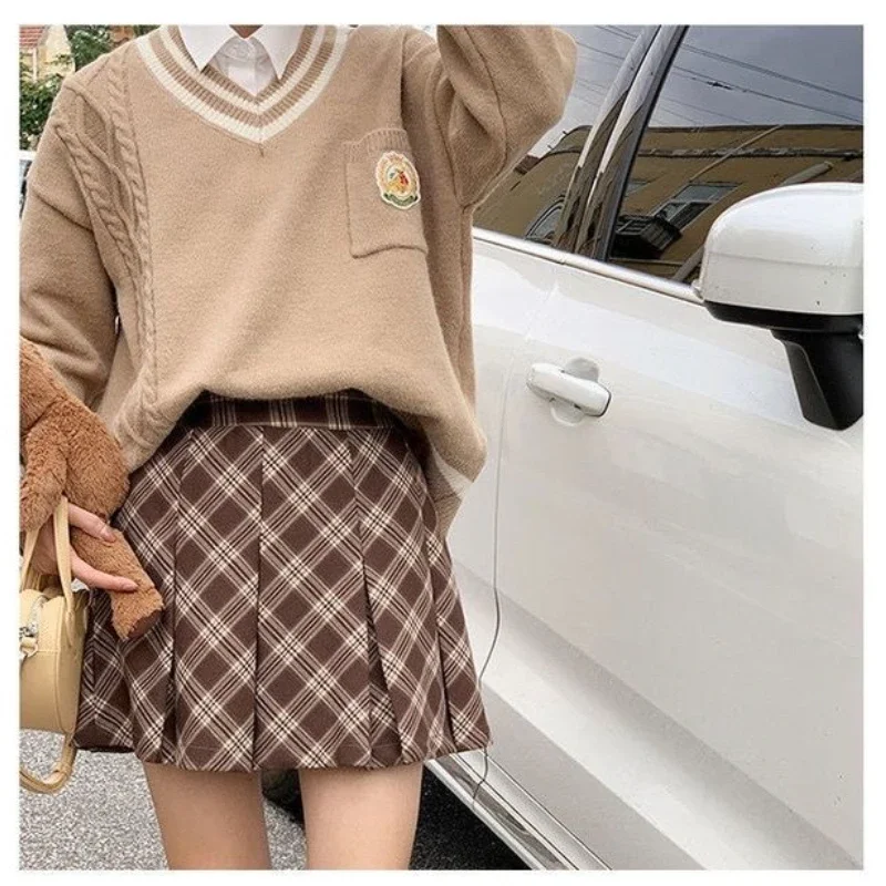 Deeptown Geplooide Geruite Rok Kawaii Preppy Stijl Vrouwen Mini Rokken Vintage Mode Zoete Koreaanse Stijl A-Lijn Casual Korte Rok