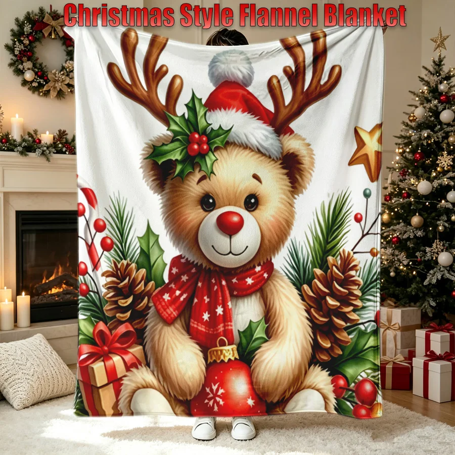 Christmas Teddy Bear Red Berries Candy Flannel Throw Blanket, Gifts 2D Flat Single-Sided Printed Holiday Decorative Blanket
