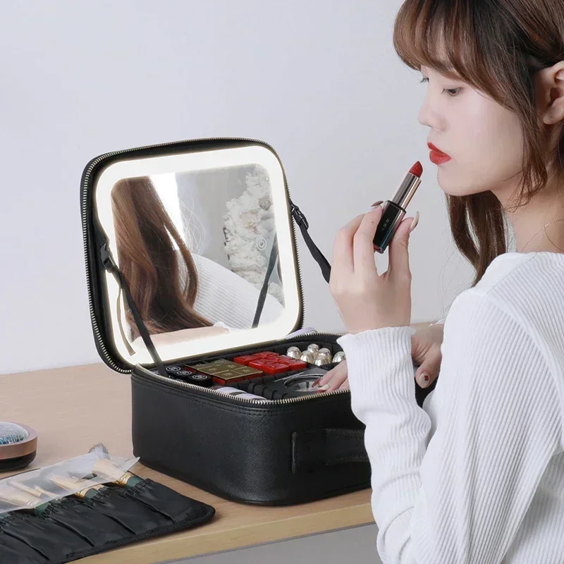 

Makeup Train Case with 3 Color Adjustable Brightness LED Mirror Cosmetic Travel Case Adjustable Dividers Toiletry Bag for Lady