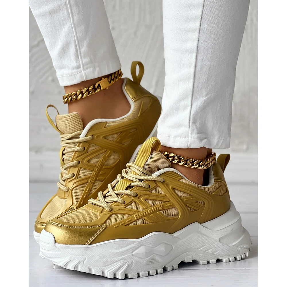 Women Running Pattern Breathable Mesh Sneakers Gold Casual Round Toe Sports Shoes Spring Fashion Going Out Lace-up Sneakers