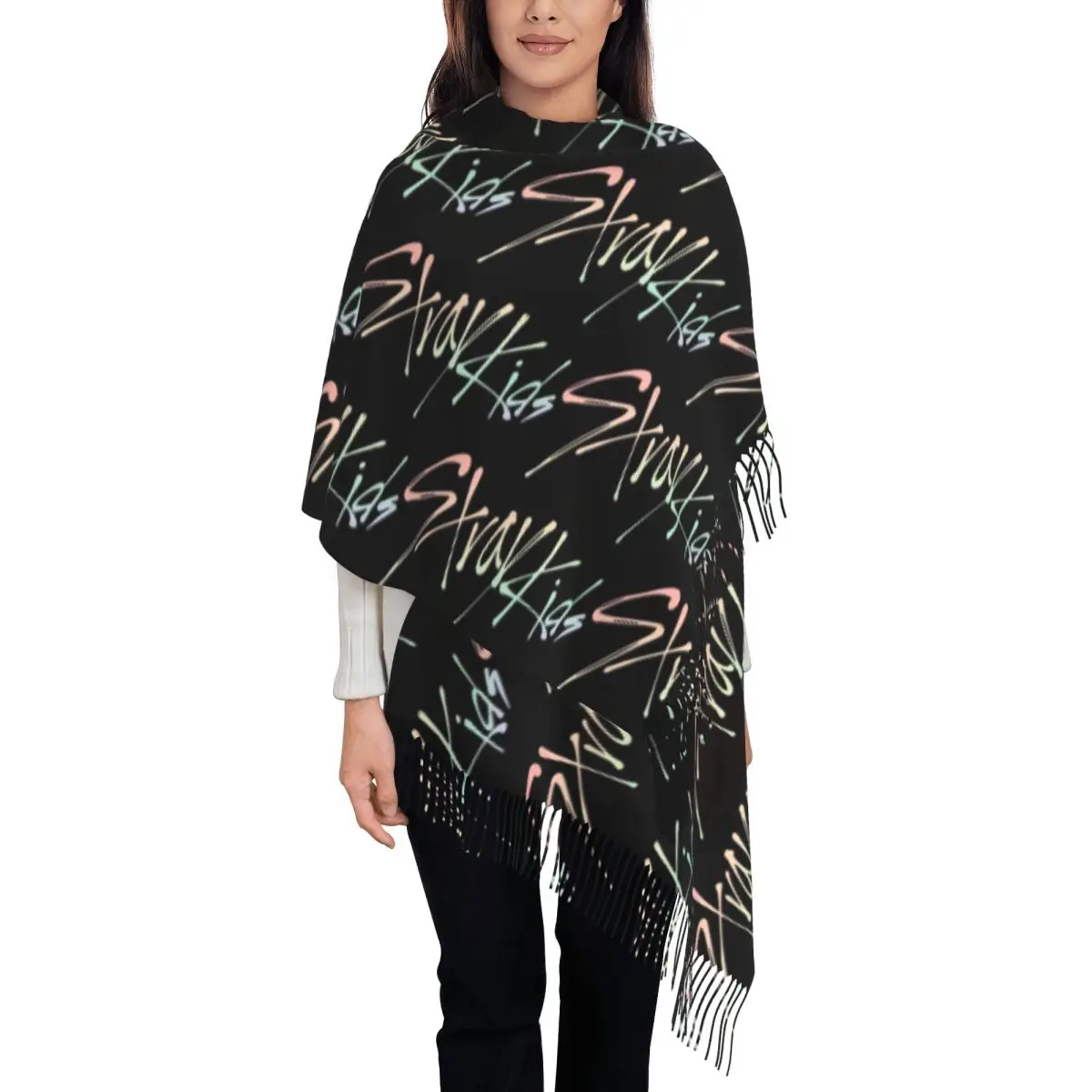 Letters Print Pastel Rainbow Scarf Warm Shawls and Wrap with Long Tassel Lady Strayed Kids Scarves Wraps Autumn Bufanda Mujer