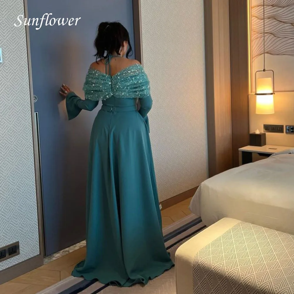 Sunflower Off the Shoulder Formal Evening Dress 2023 Slim Sequined Appliques Cap Sleeves Satin A-LINE High-end Custom Prom Gowns