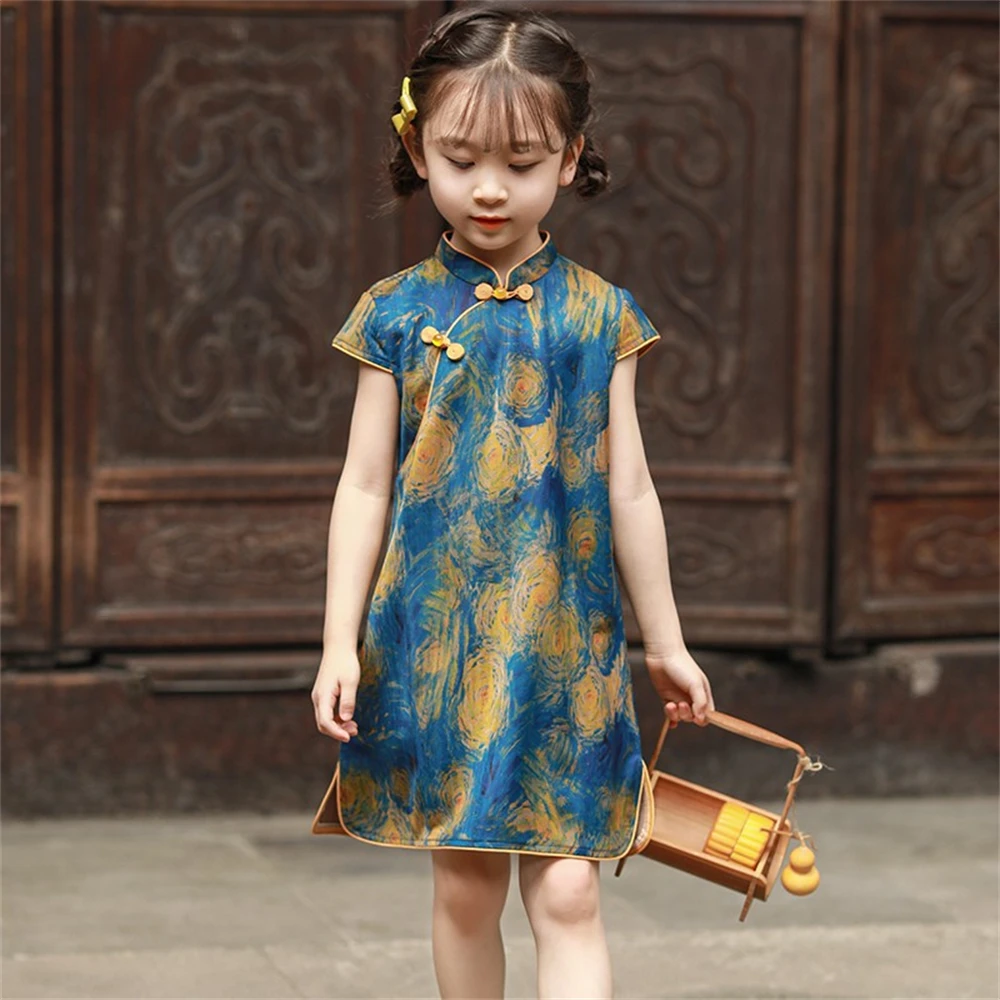 

Girl Qipao Summer Oriental Tang Suit Fashion Dress Chinese Style Improved Retro Hanfu Dress Children Thin Printed Cheongsam New