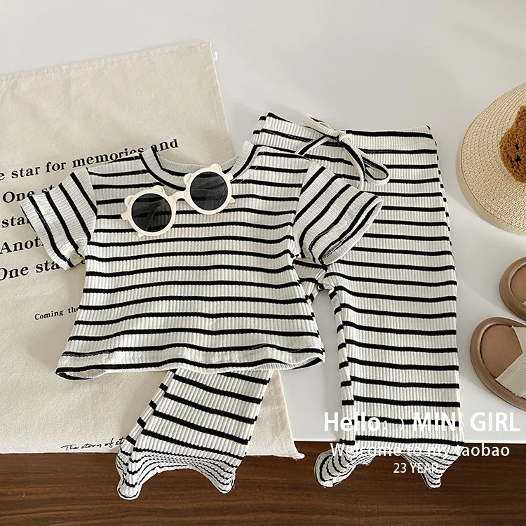 Children Sets Sale Price Girls Summer Style Striped Short-sleeved + Wide-leg Hollow Striped Trousers Two-piece Set Wholesale