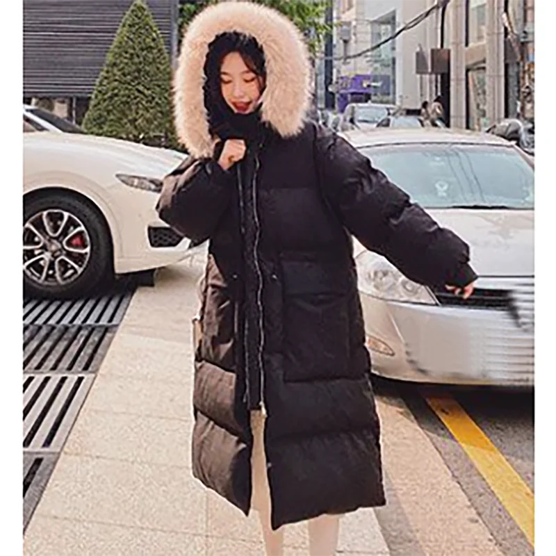 Winter Women Loose Long Thicken Coat Big Fur Collar Hooded Elastic Drawstring Fashion Parkas Elegant Casual Female Cotton Jacket