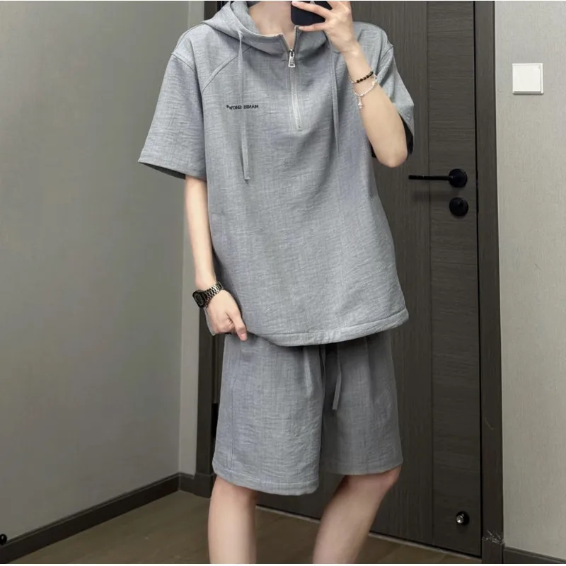 

Men's Oversize Hooded Half-Zip T-Shirt Set Short Sleeve+shorts Solid Casual Summer Streetwear Korean Style Top 2 Piece