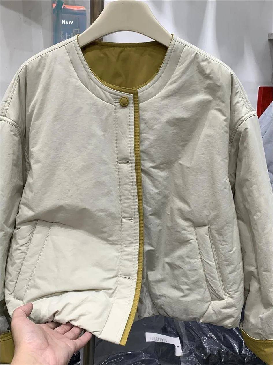 

Candy Colored Single Button Color Block Cotton Jacket Women's round Neck Fashion Simple Trendy Cotton Clothes Autumn Winter N...