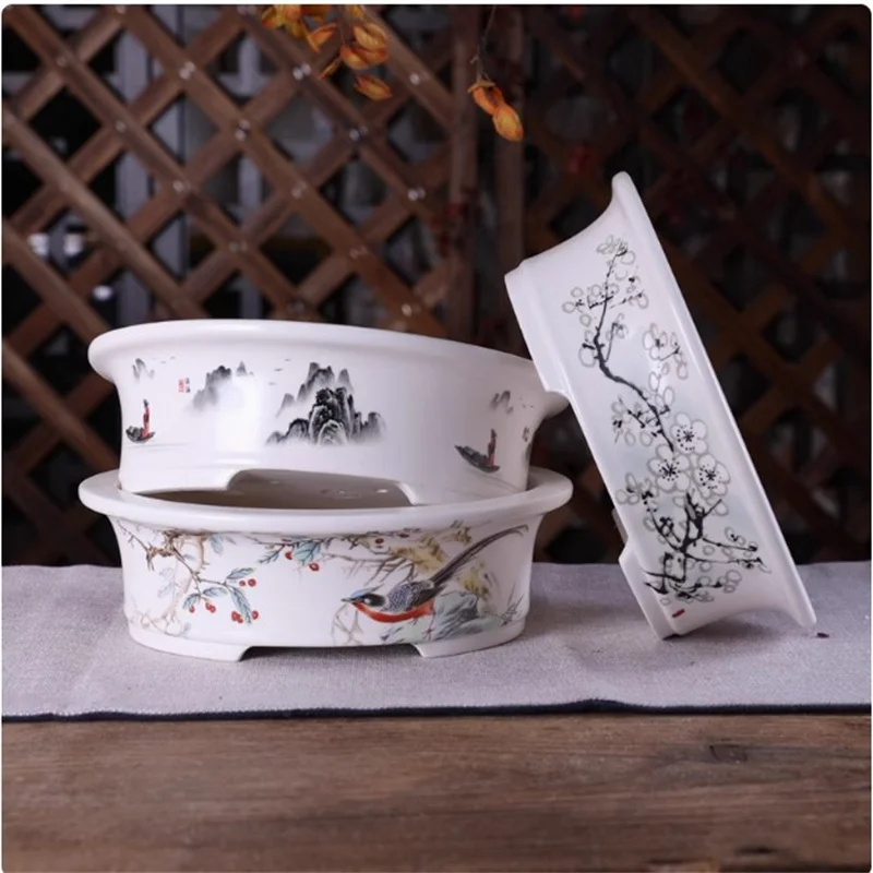 Porcelain  Glazed Oval Bonsai Pot,Chinese Pattern,Table Decoration,Indoor Plant,
