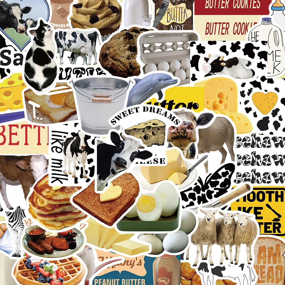 

10/30/50pcs Cute Ins Style Butter Bread Food Stickers Aesthetic DIY Suitcase Fridge Phone Diary Kawaii Cartoon Cow Animal Decals