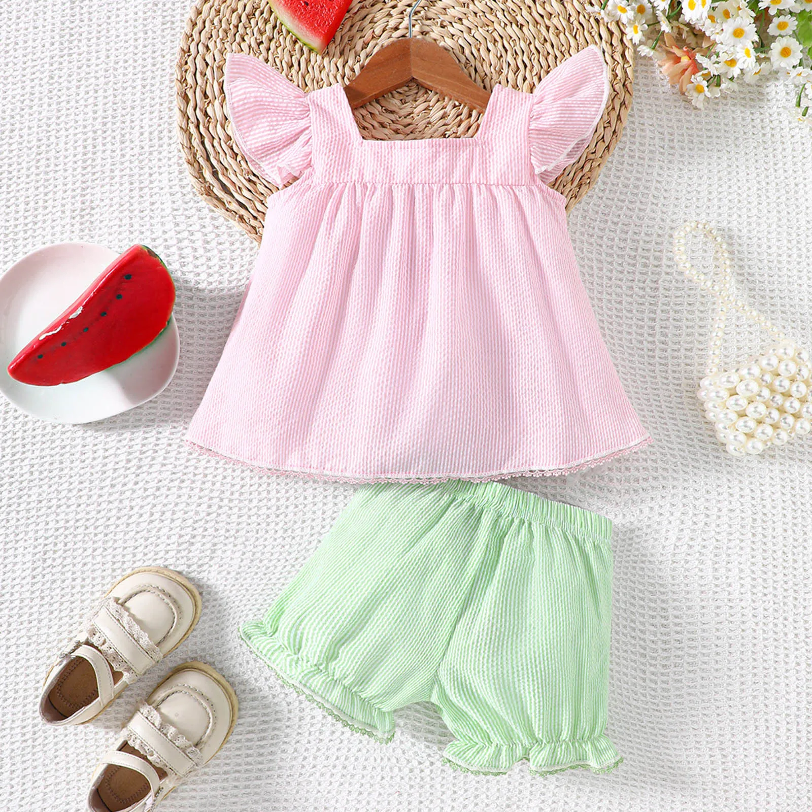 0-24Months Toddler Girls Clothes Fly Sleeve Striped Watermelon Tops T Shirt Vest Shorts 2 Pieces Outfits Girls Baby Clothes Sets