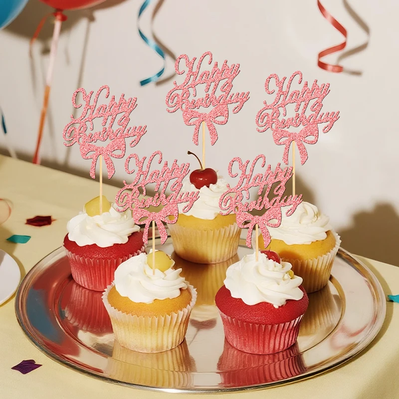 YOMDID 24 Stück Cupcake-Topper mit Schleife und Schriftzug „Happy Birthday“, Kuchenaufsätze für Hochzeit, Geburtstag, Dekorationen, Decoracion Cumpleaños – Detail 1