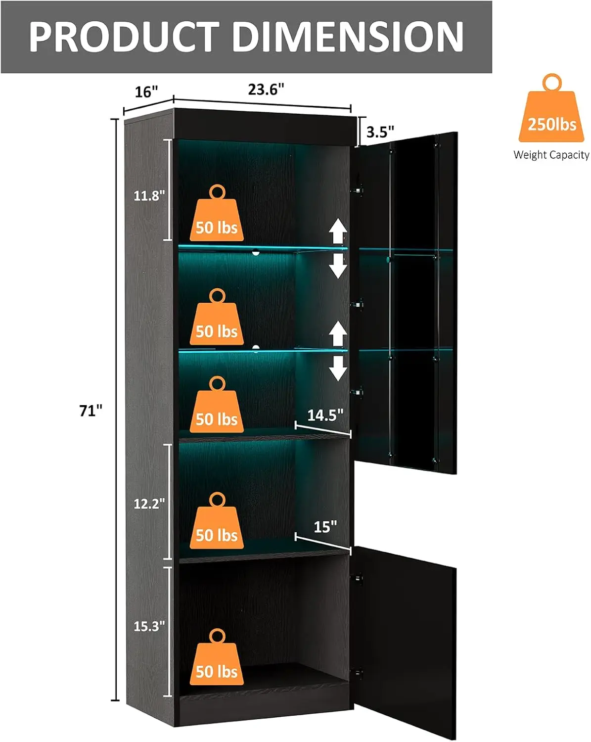 2 Piece 71in Tall Bookcase Storage Cabinet with Glass Doors, Modern High Gloss LED Bookshelf Display with 5 Tiers, Black