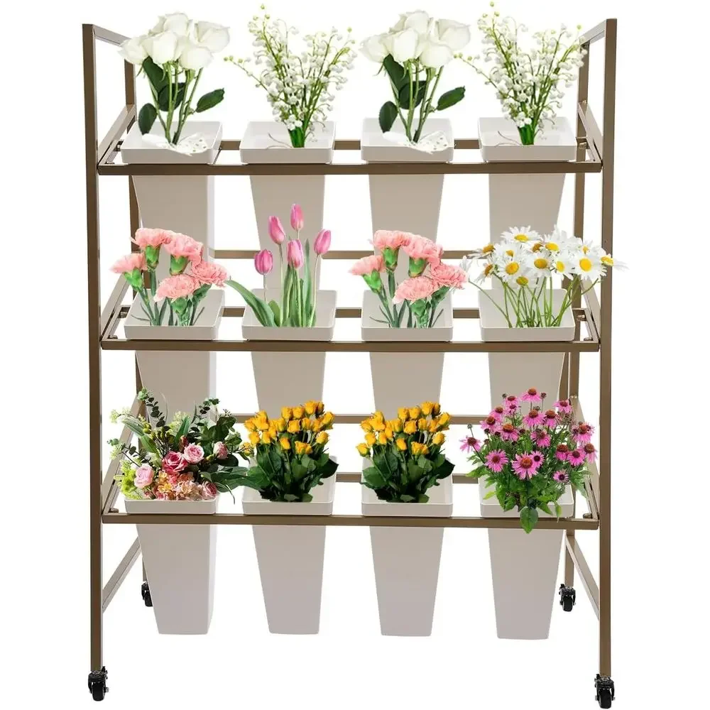 3-Tier Metal Plant Stand with 12 Buckets, Rolling Cart for Home, Balcony, and Outdoor Events