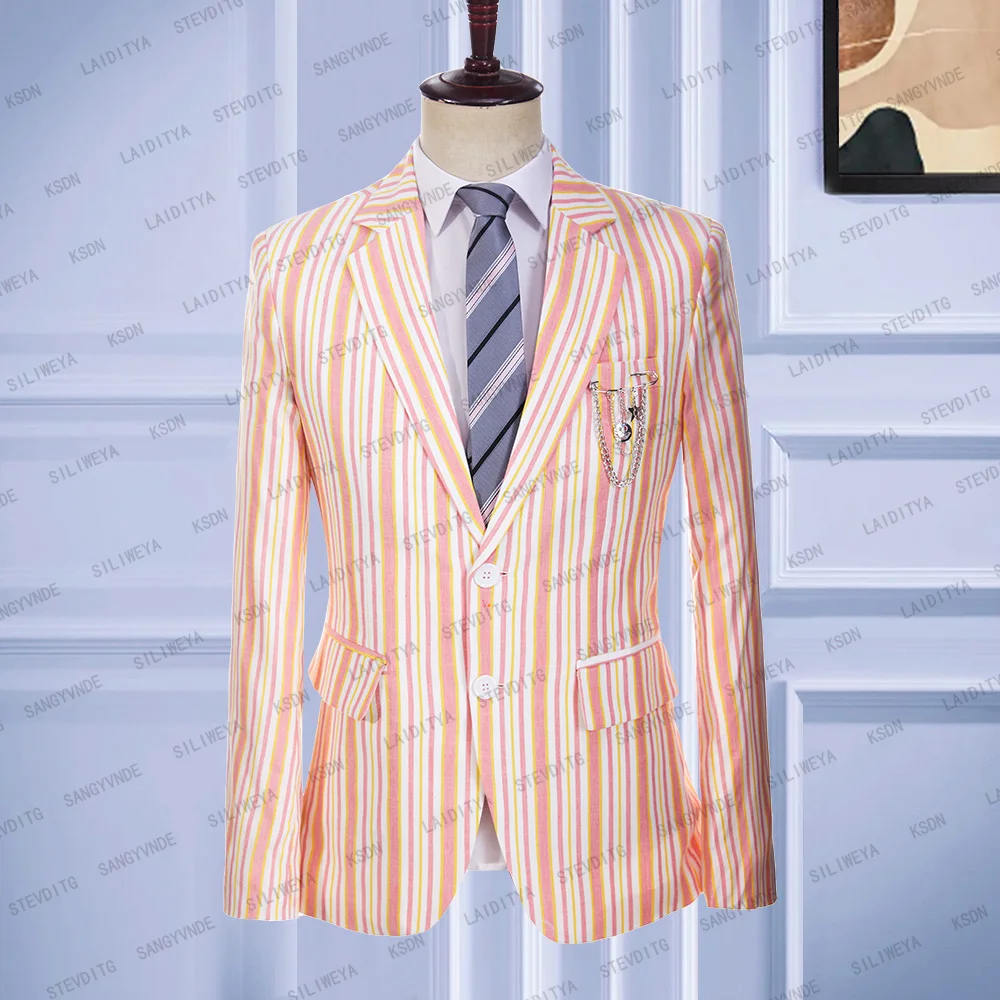 

2023 New Formal Men White Linen Suit Pink And Orange Stripe Wedding Groom Tuxedo Casual Business Best Prom Jacket Blazers Coat