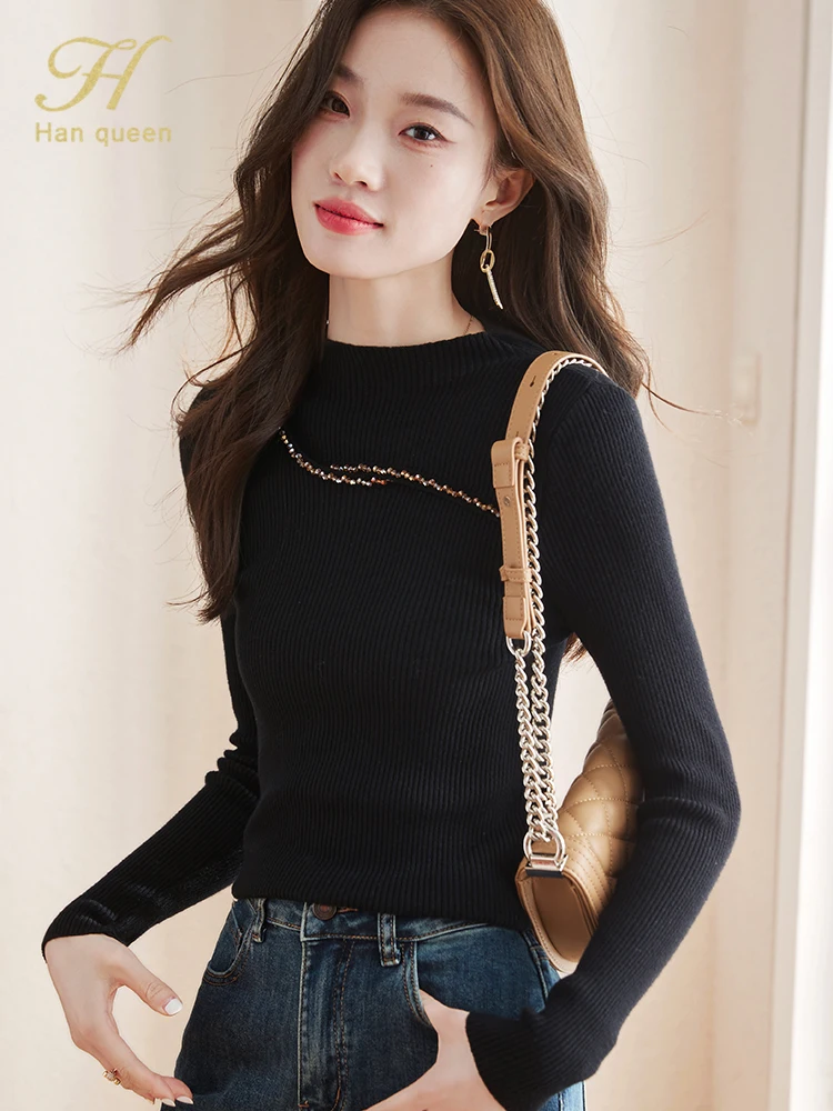 H Han Queen 2024 Autumn Winter New Korean Elastic Knit Pullover Sweater Fashion Simple Basic Knitted Bottoming Shirt Sweater Top