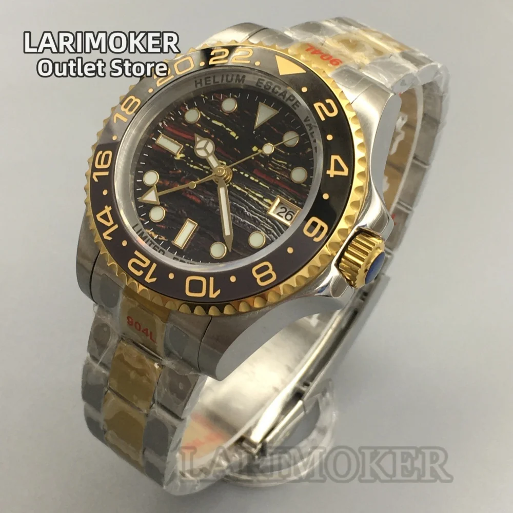 LARIMOKER 43MM Men's Mechanical Watch NH34 (GMT) Green Luminous Sapphire Crystal Meteorite Texture Dial Steel 100M Waterproof