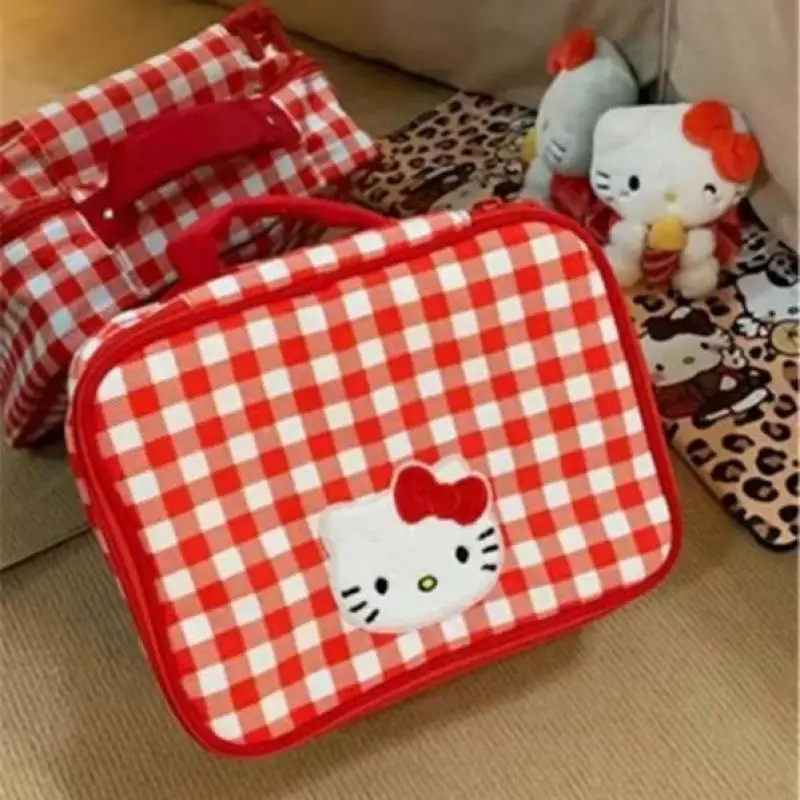

Sanrio Cosmetic Bag Hello Kitty Kuromi Grid Girl Cartoon Handheld Travel Portable Kawaii Wash Up Double-Layer Storage Bag New