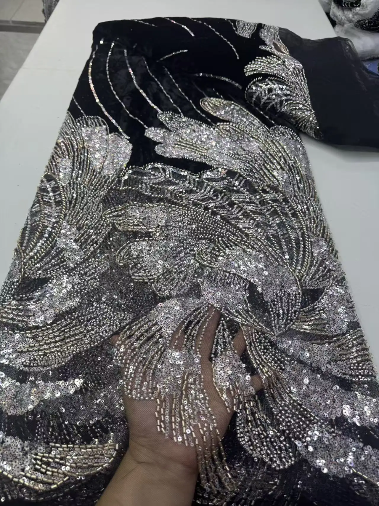 African Sty High Quality Velvet Embroidered Lace Fabric with Beads 2026 French Mesh Net Tulle Sequins for Wedding Dresses M652-1 view 3