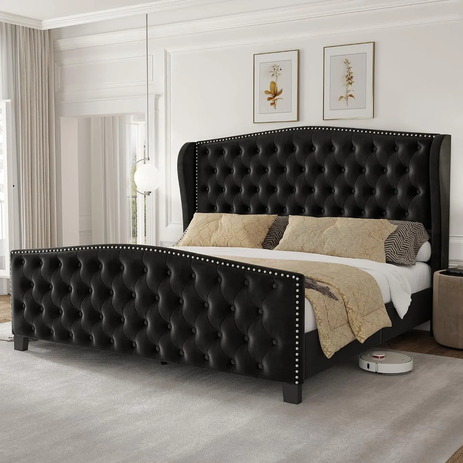 Velvet Upholstered King Platform Bed Wingback Headboard Tufted Wood Slats No Box Spring, Customized