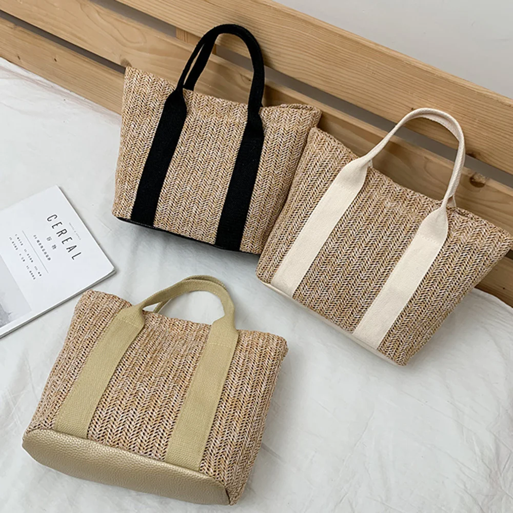 Summer Boho Handbag Tote Bag Women Straw Woven Rattan Basket Toiletry Storage Beach Handbag Travel Reusable Shoulder Bag Pouch