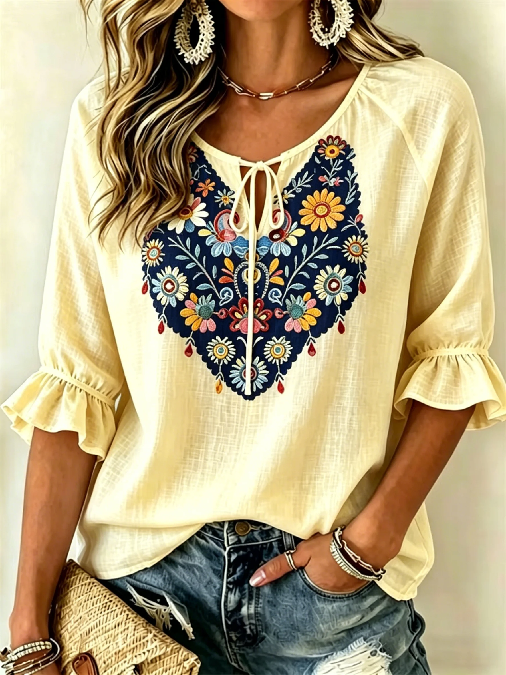 

Women's Spring Summer Casual Blouse, Yellow Boho Floral Embroidery Print Tops for Daily Street Holiday Dating & Leisure Outfit