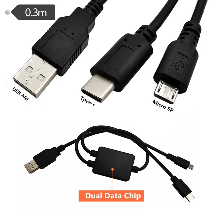 Duttek Multi-Function Two In One USB 2.0 A Male To Type C Male And Micro Male Charging+Simultaneous Interpreting Dual Data