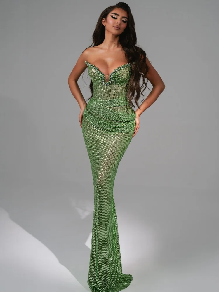 

Emerald Green Crystal Mesh Beading Evening Dresses – Luxury V-Neck Long Dress Strapless Bodycon Party Gown Vestidos