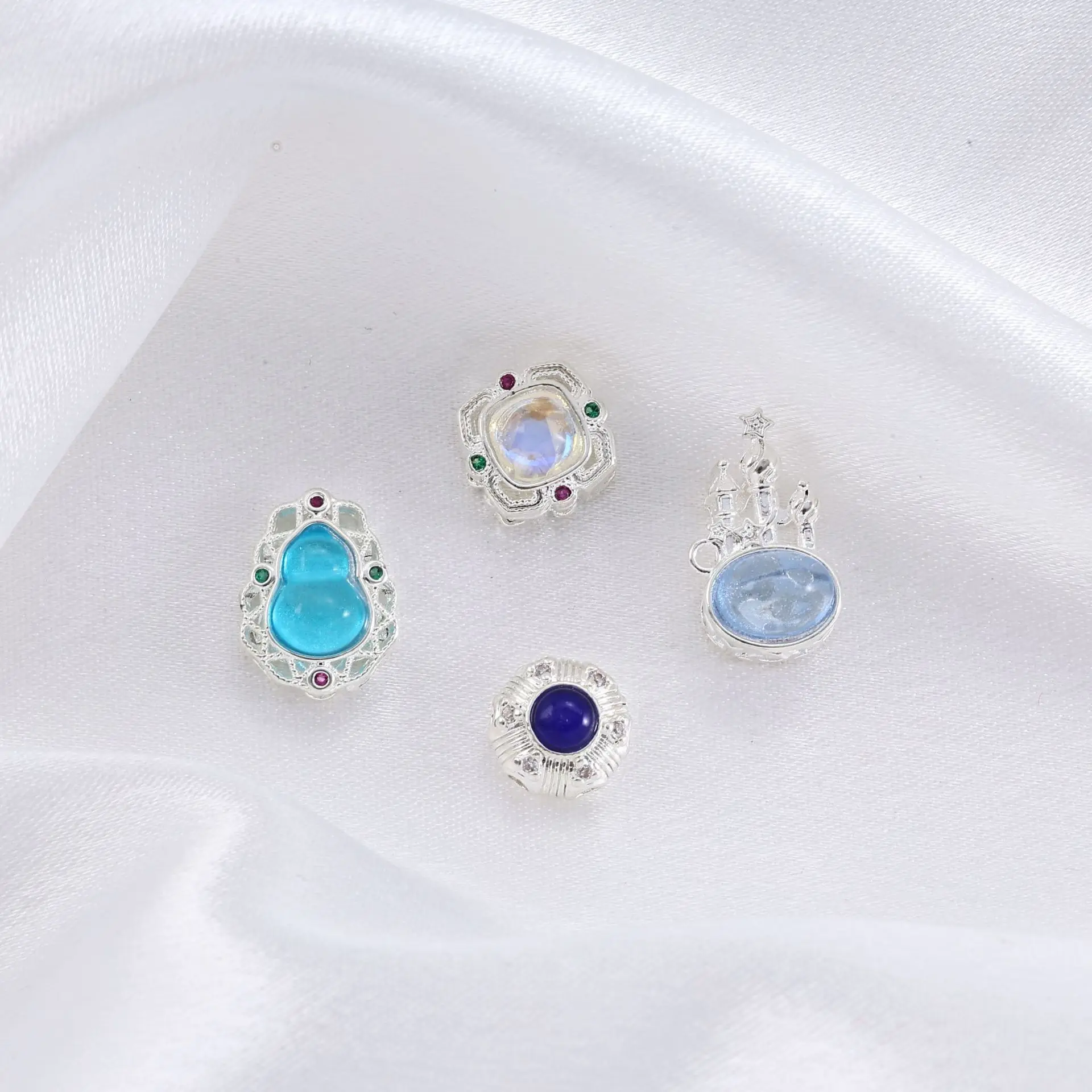 5pcs Copper Plated Silver Multi-pass Inlaid Aquamarine Spacer Beads Diy Bracelet Necklace Beaded Jewelry Accessories Wholesale