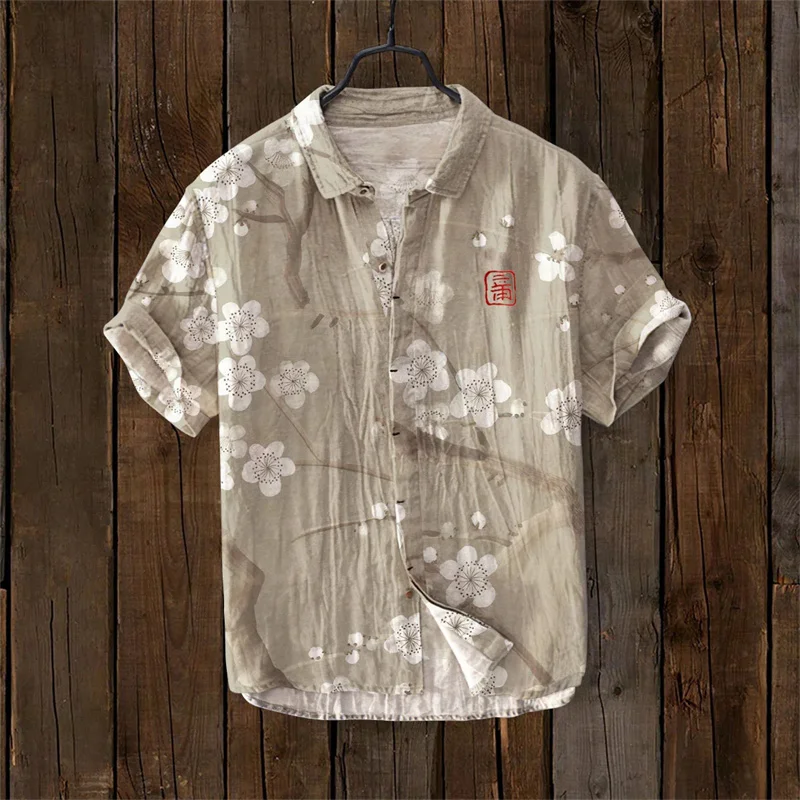 2025 Men's Shirt Flower 3D Printed Lapel Short Sleeve Casual Loose Tops, Bamboo Linen Shirt, Fashion Clothing Tops S-5XL